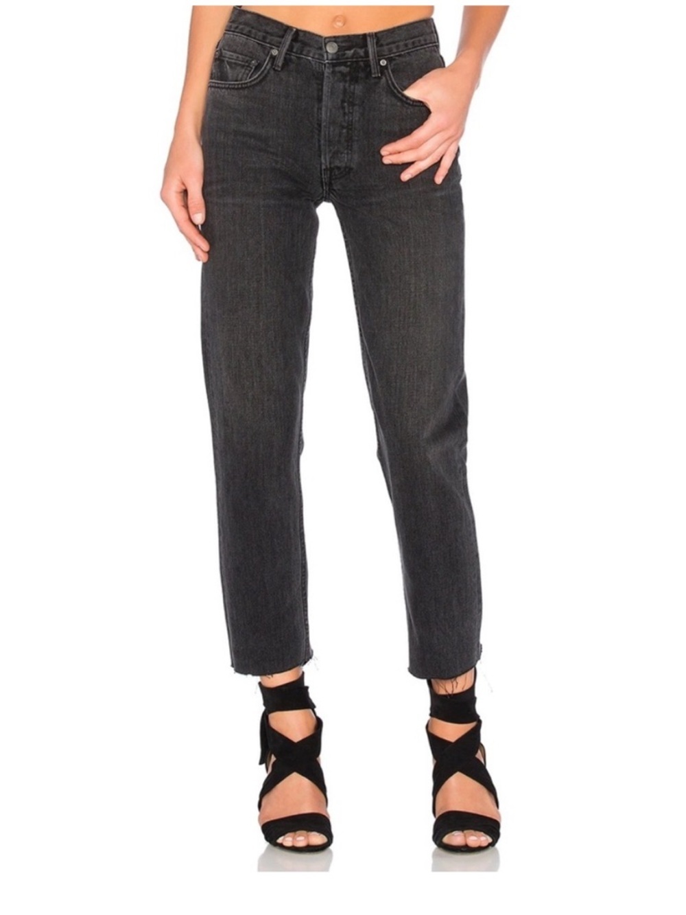 GRLFRND Karolina High Rise Straight Jeans Hot Stuff Black Wash Raw Hem 24
